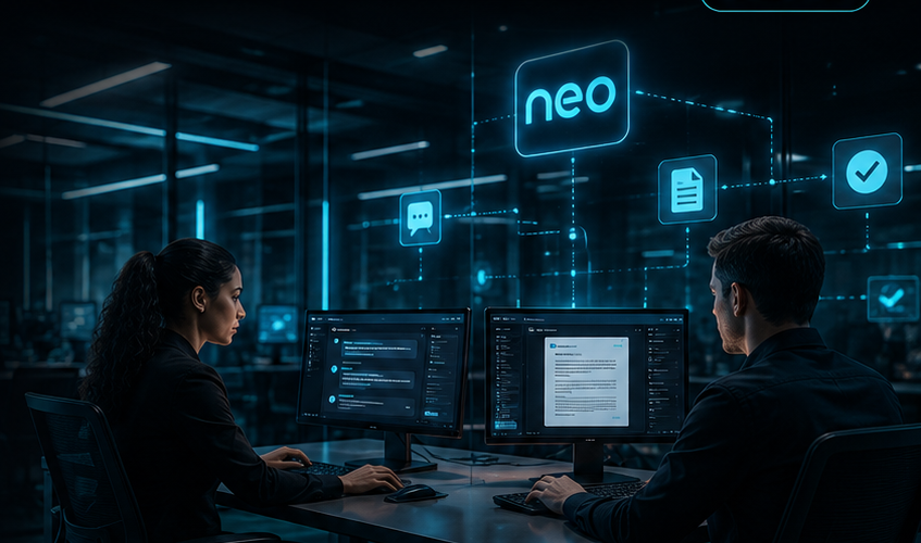 Dos personas trabajando con NEO en una oficina futurista